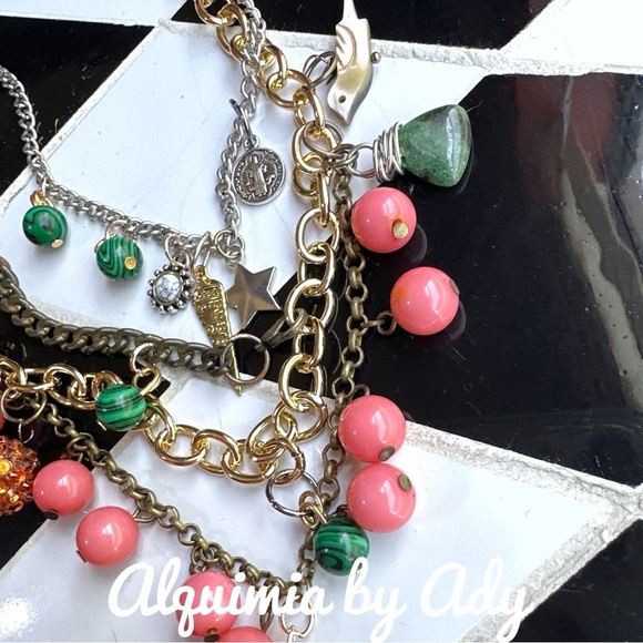 Malachite coral statement chunky layered multi charms bohemian necklace - Picture 5 of 7